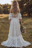 Ivory Lace Off the Shoulder 2 Piece Boho Wedding Dress