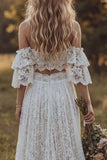 Ivory Lace Off the Shoulder 2 Piece Boho Wedding Dress