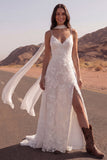 Ivory Spaghetti Straps Appliqued Wedding Dress with Streamer