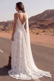 Ivory Spaghetti Straps Appliqued Wedding Dress with Streamer