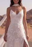 Ivory Spaghetti Straps Appliqued Wedding Dress with Streamer