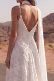 Ivory Spaghetti Straps Appliqued Wedding Dress with Streamer