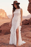 Mermaid Bateau Neck Ivory Lace Boho Wedding Dress with Slit