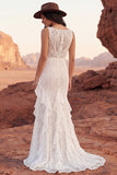 Mermaid Bateau Neck Ivory Lace Boho Wedding Dress with Slit