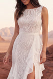 Mermaid Bateau Neck Ivory Lace Boho Wedding Dress with Slit