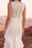 Mermaid Bateau Neck Ivory Lace Boho Wedding Dress with Slit