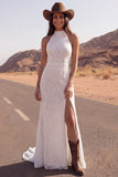 Boho High Neck Mermaid Ivory Lace Wedding Dress with Slit