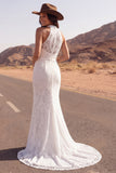 Boho High Neck Mermaid Ivory Lace Wedding Dress with Slit