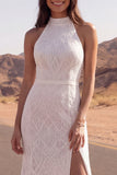 Boho High Neck Mermaid Ivory Lace Wedding Dress with Slit