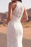 Boho High Neck Mermaid Ivory Lace Wedding Dress with Slit