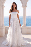 Off the Shoulder A Line Court Train Ivory Wedding Dress