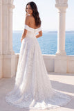 Off the Shoulder A Line Court Train Ivory Wedding Dress