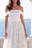 Off the Shoulder A Line Court Train Ivory Wedding Dress
