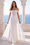 Sparkly Off the Shoulder Ivory Mermaid Wedding Dress with Sash