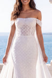 Sparkly Off the Shoulder Ivory Mermaid Wedding Dress with Sash