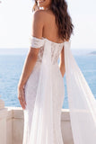 Sparkly Off the Shoulder Ivory Mermaid Wedding Dress with Sash