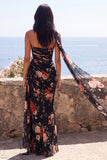 Black Sweetheart Mermaid Floral Wedding Guest Dress with Scarf
