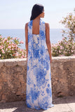 Strapless Blue Flower Wedding Guest Dress with Scarf