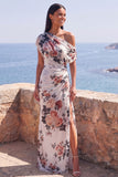 One Shoulder Ivory Floral Sheath Wedding Guest Dress with Slit