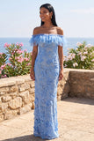 Off the Shoulder Floral Lace Blue Wedding Guest Dress