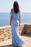 Off the Shoulder Floral Lace Blue Wedding Guest Dress