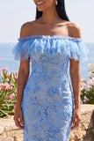 Off the Shoulder Floral Lace Blue Wedding Guest Dress