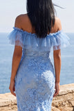 Off the Shoulder Floral Lace Blue Wedding Guest Dress