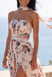 Strapless Ruched A Line Ivory Floral Wedding Guest Dress with Scarf