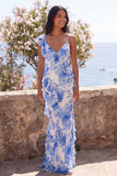 Blue Flower V-Neck Ruffle Mermaid Wedding Guest Dress