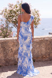Blue Flower V-Neck Ruffle Mermaid Wedding Guest Dress