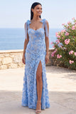 Floral Applique Blue Long Wedding Guest Dress with Slit