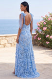Floral Applique Blue Long Wedding Guest Dress with Slit