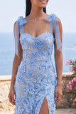 Floral Applique Blue Long Wedding Guest Dress with Slit