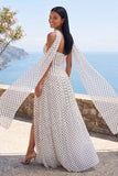 White Black Strapless Polka Dot Dress with Slit