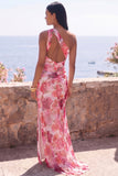 Pink Floral One Shoulder Mermaid Wedding Guest Dress with Slit