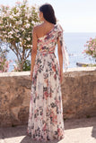 One Shoulder Ivory Floral Wedding Guest Dress with Slit