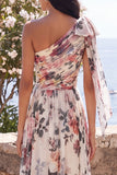 One Shoulder Ivory Floral Wedding Guest Dress with Slit