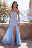 Strapless Blue Floral Applique Maxi Dress with Scarf