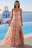 Champagne One Shoulder Floral Wedding Guest Dress with Slit