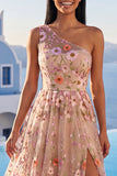 Champagne One Shoulder Floral Wedding Guest Dress with Slit