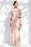 Champagne Floral Mother of the Bride Dress with Half Sleeves