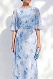 Champagne Floral Mother of the Bride Dress with Half Sleeves