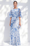 Champagne Floral Mother of the Bride Dress with Half Sleeves