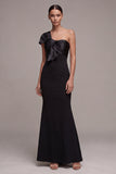 Mermaid One Shoulder Ruched Black Tie Dress with Bow
