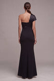Mermaid One Shoulder Ruched Black Tie Dress with Bow