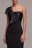 Mermaid One Shoulder Ruched Black Tie Dress with Bow