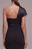 Mermaid One Shoulder Ruched Black Tie Dress with Bow