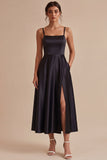 Black Spaghetti Straps A Line Satin Graduation Dress with Slit