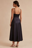Black Spaghetti Straps A Line Satin Graduation Dress with Slit