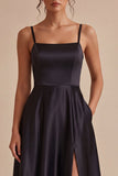 Black Spaghetti Straps A Line Satin Graduation Dress with Slit
